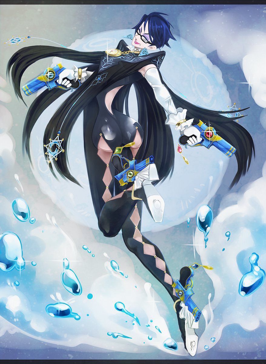 1girl alternate_hair_length alternate_hairstyle bayonetta bayonetta_(series) bayonetta_2 black_hair female_focus full_moon glasses gun highres m516 mole mole_under_mouth moon short_hair solo weapon