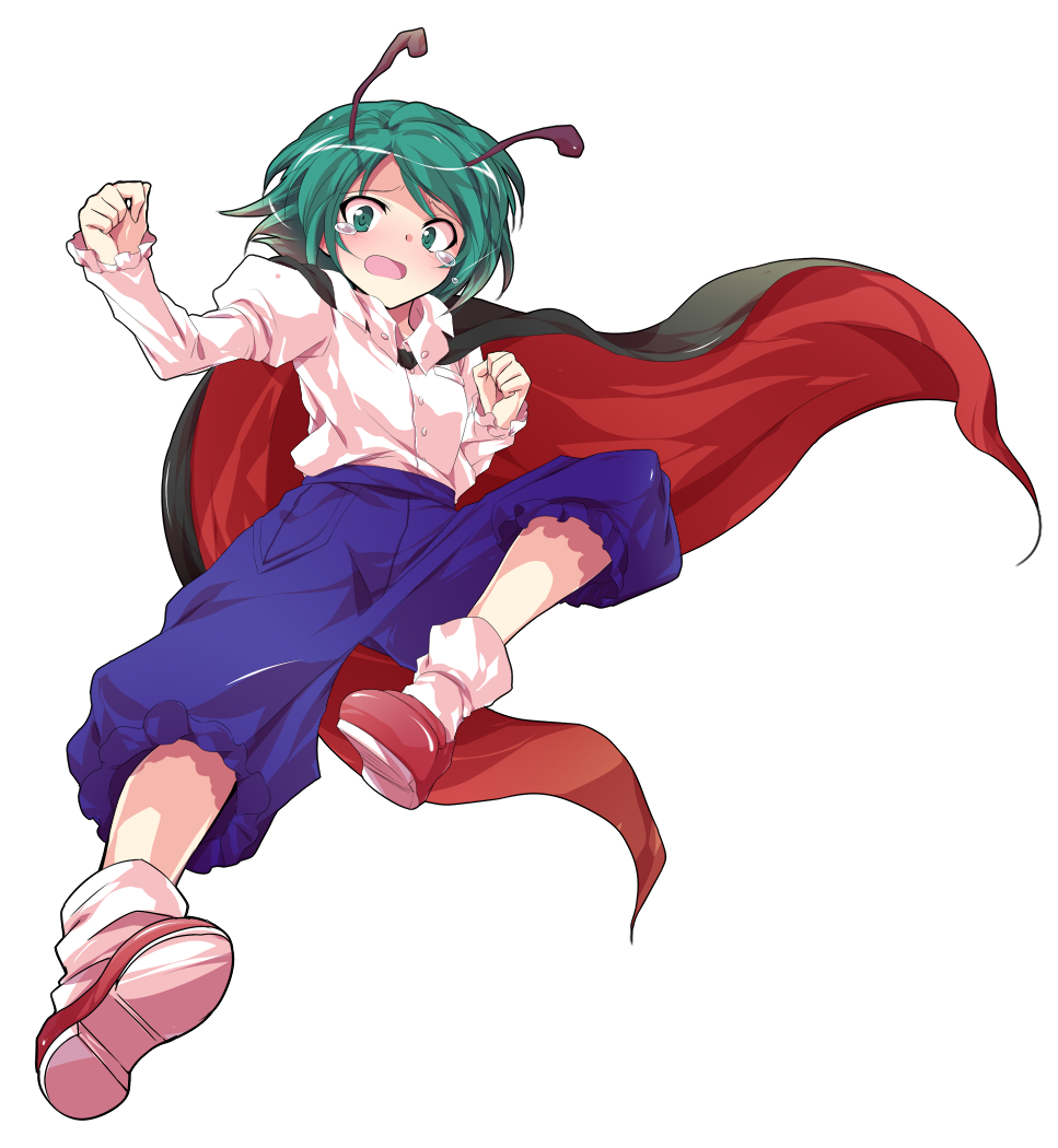 1girl alphes_(style) antennae black_cape blue_shorts blush buttons cape collared_shirt commentary_request crying crying_with_eyes_open dairi full_body green_eyes green_hair imperishable_night juliet_sleeves large_variant_set loafers long_sleeves open_mouth parody puffy_sleeves red_cape red_shoes rider_kick shirt shirt_tucked_in shoes short_hair shorts socks solo style_parody tachi-e tears touhou transparent_background two-sided_cape two-sided_fabric variant_set white_shirt white_socks wriggle_nightbug