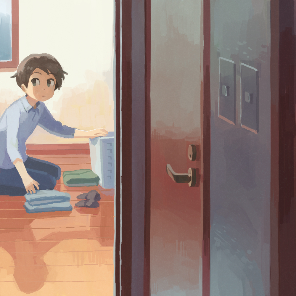 1boy brown_eyes brown_hair closed_mouth commentary_request door folding_clothes indoors long_sleeves looking_at_viewer male_focus muji_(uimss) on_ground original seiza shirt short_hair sitting solo white_shirt wooden_floor