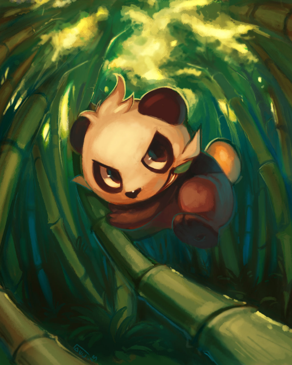 2013 bamboo bamboo_forest brown_eyes cloud cloudy_sky commentary creature day delano-laramie english_commentary forest full_body gen_5_pokemon gen_6_pokemon highres jumping leaf mouth_hold nature nintendo no_humans outdoors pancham panda pokemon pokemon_(creature) signature sky solo