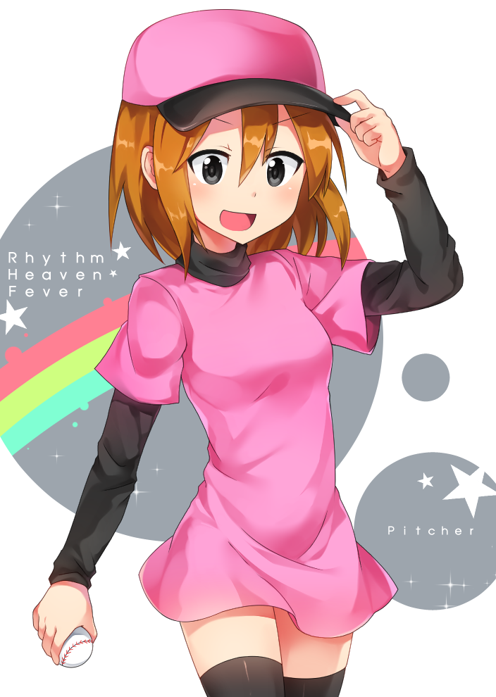 1girl adjusting_clothes adjusting_headwear arm_up ball baseball baseball_cap black_thighhighs blush brown_hair character_name copyright_name grey_eyes hat holding holding_ball kaoling long_sleeves looking_at_viewer minna_no_rhythm_tengoku open_mouth pink_hat pitcher_(rhythm_tengoku) rhythm_tengoku short_hair smile solo thighhighs