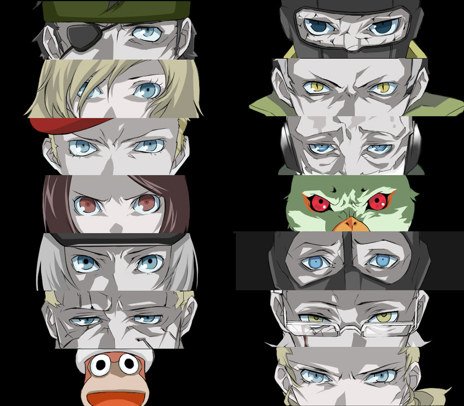 3girls 6+boys atlus big_boss bird blue_eyes brown_eyes brown_hair column_lineup eva_(metal_gear) eyepatch glasses grey_hair metal_gear_(series) metal_gear_solid_3:_snake_eater monkey multiple_boys multiple_girls para-medic_(mgs3) parody parrot persona persona_3 persona_eyes raikov revolver_ocelot saru_getchu the_boss the_end_(metal_gear) the_fear the_fury the_pain the_sorrow yellow_eyes yevgeny_borisovitch_volgin