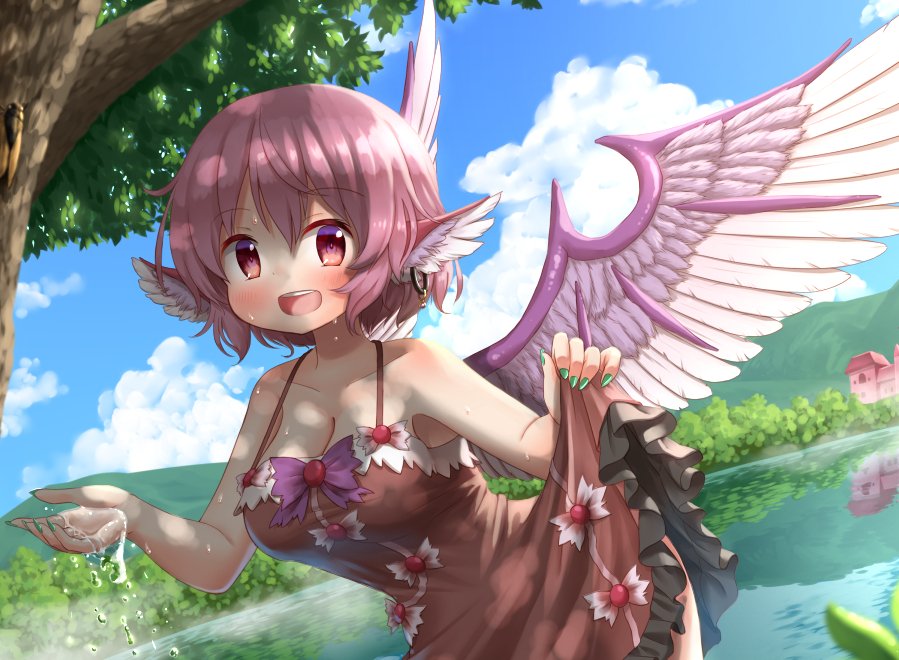 1girl animal_ears arinu bird_ears bird_wings blue_sky breasts brown_dress cleavage cloud cowboy_shot dress earrings feathered_wings feathers green_nails holding holding_unworn_clothes holding_unworn_dress holding_water jewelry large_breasts looking_at_viewer mountain mystia_lorelei nail_polish no_headwear open_mouth outdoors pink_eyes pink_hair short_hair single_earring skirt_hold sky sleeveless sleeveless_dress smile solo standing touhou tree water wet white_feathers white_wings wings