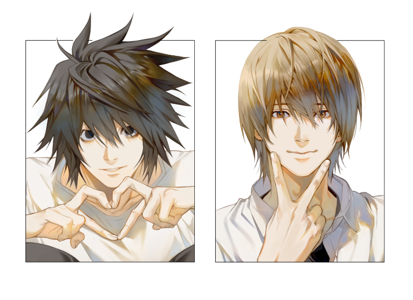 2boys arms_up black_eyes black_hair black_pants brown_eyes collarbone collared_shirt commentary death_note fingernails four-finger_heart_hands heart heart_hands l_(death_note) looking_at_viewer male_focus multiple_boys pants parted_lips ruttika_shin shirt smile spiked_hair symbol-only_commentary v white_shirt wing_collar yagami_light