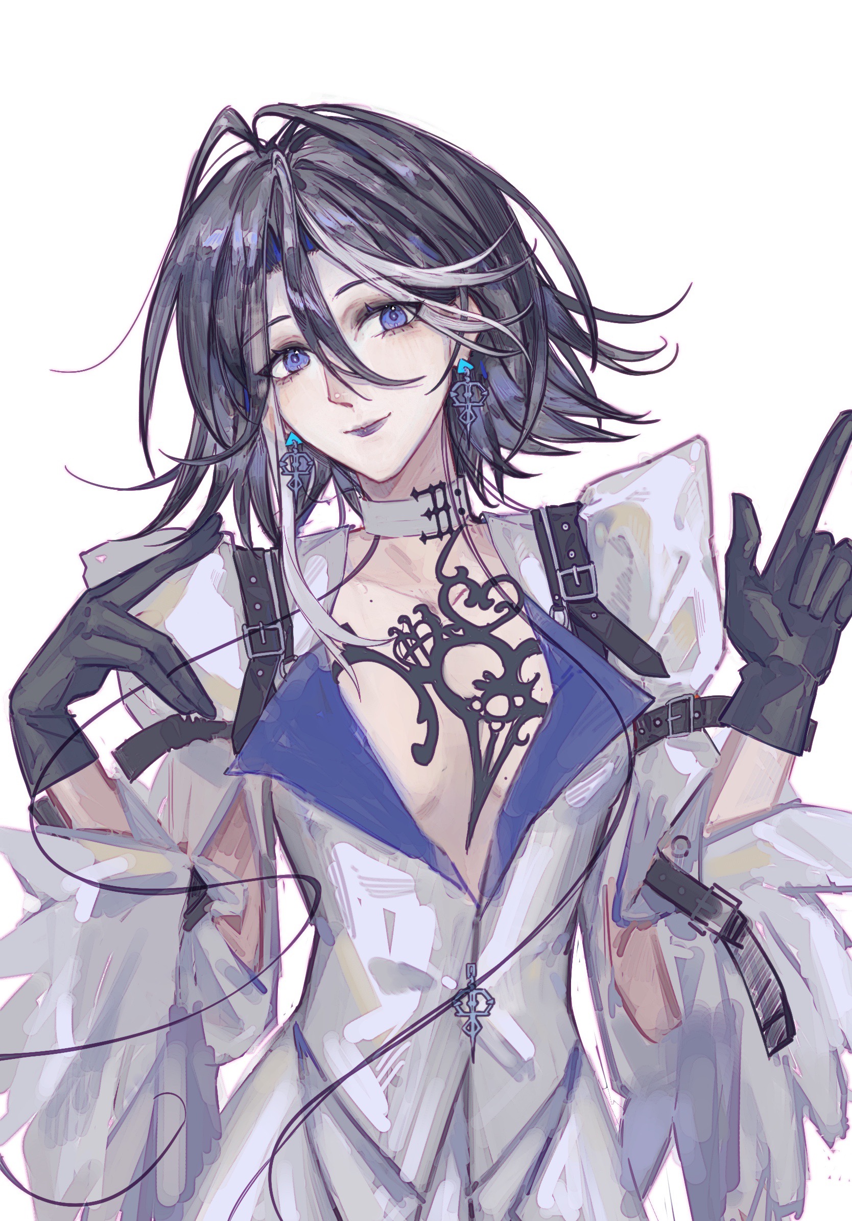 1girl adela_(path_to_nowhere) black_gloves black_hair blazer blue_eyes breasts chinese_commentary choker commentary earrings gloves hair_between_eyes highres index_finger_raised jacket jewelry juliet_sleeves long_sleeves looking_at_viewer luzeqi13483 medium_hair mole mole_on_breast multicolored_hair no_bra path_to_nowhere puffy_sleeves purple_lips simple_background smile solo streaked_hair upper_body white_background white_choker white_jacket