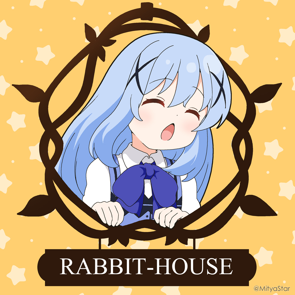 1girl blue_hair blue_vest blush closed_eyes collared_shirt gochuumon_wa_usagi_desu_ka? hair_between_eyes hair_ornament kafuu_chino light_blue_hair long_hair long_sleeves metro-goldwyn-mayer mitya open_mouth parody rabbit_house_uniform revision shirt solo star_(symbol) star_symbol_background twitter_username vest white_shirt x_hair_ornament yellow_background