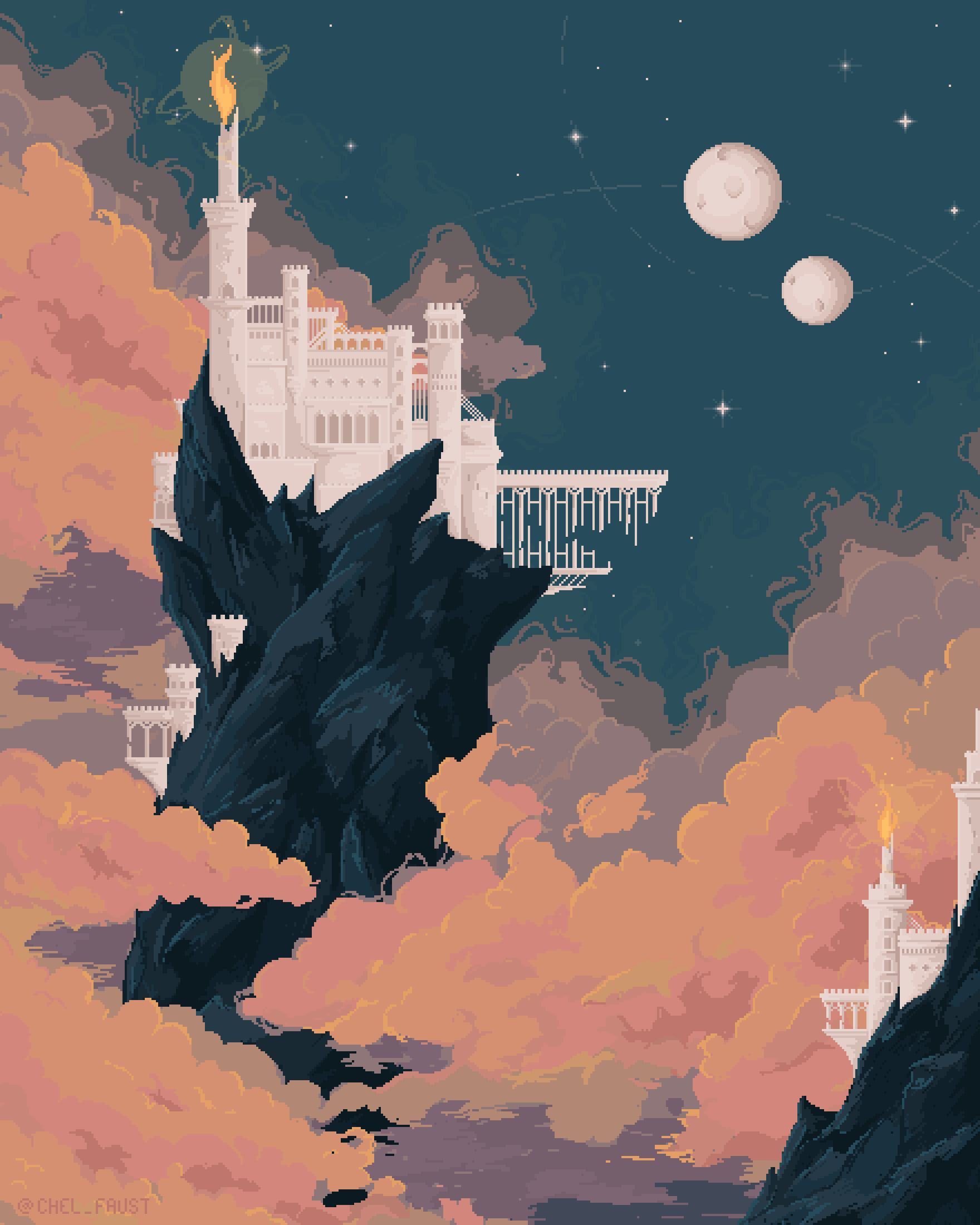 architecture bridge broken_bridge building castle chel_faust cloud cloudy_sky commentary english_commentary fantasy fire fog highres moon mountain night night_sky no_humans original outdoors pixel_art planet rock ruins scenery sky star_(sky) suspension_bridge tower wide_shot
