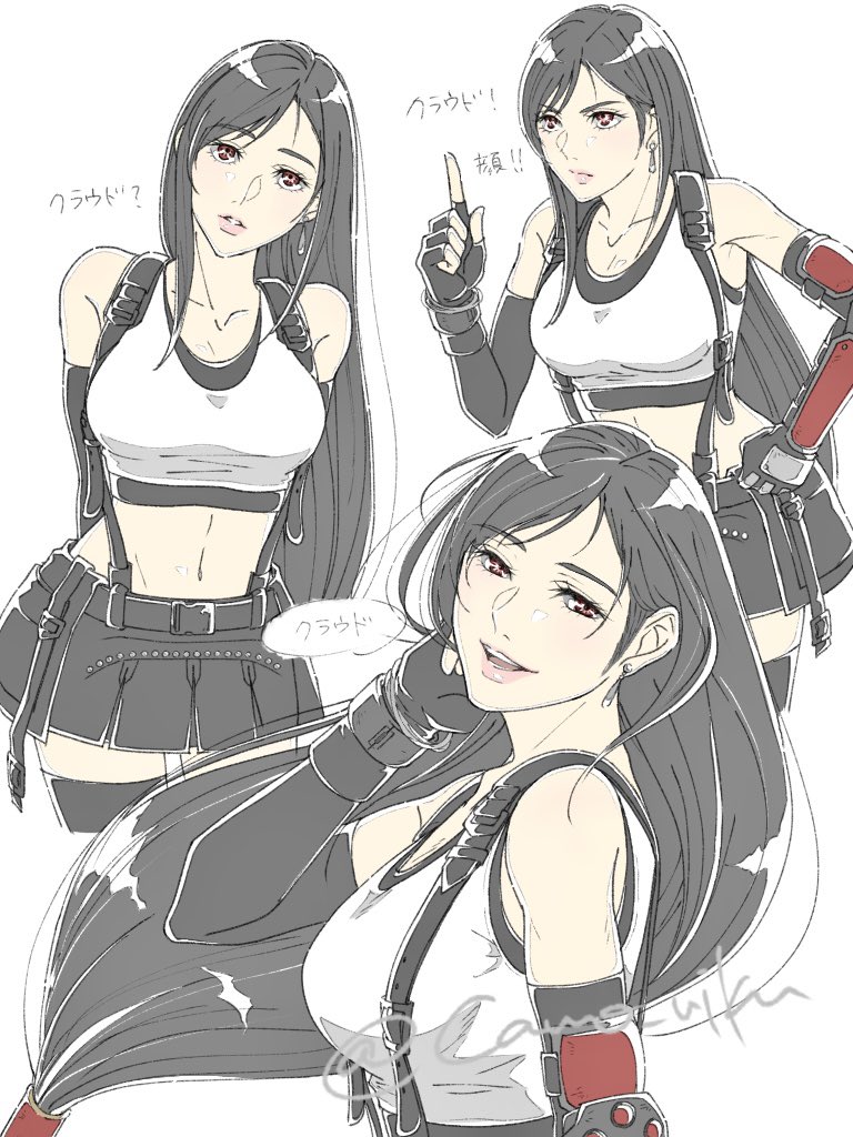 1girl arms_behind_back bare_shoulders black_gloves black_hair black_skirt black_thighhighs breasts camo_niku closed_mouth commentary_request cowboy_shot crop_top earrings elbow_gloves final_fantasy final_fantasy_vii final_fantasy_vii_rebirth final_fantasy_vii_remake fingerless_gloves gloves hand_on_own_hip index_finger_raised jewelry large_breasts leaning_to_the_side long_hair looking_at_viewer looking_back looking_to_the_side low-tied_long_hair midriff miniskirt multiple_views navel open_mouth parted_lips red_eyes signature simple_background single_earring single_shin_guard skirt suspender_skirt suspenders swept_bangs tank_top thighhighs tifa_lockhart upper_body white_background white_tank_top zettai_ryouiki