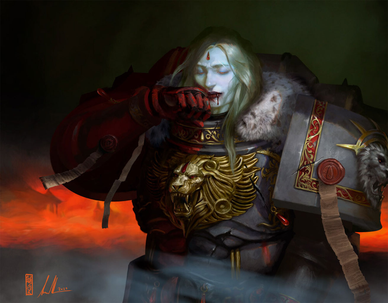 1boy 2021 adeptus_astartes armor artist_logo belt_bag blonde_hair blood blood_angels blood_on_arm blood_on_armor blood_on_face breastplate commentary dark david-sondered english_commentary fangs fog forehead_jewel fur_collar gauntlets gem grey_armor leopard_pelt lion_head_(ornament) logo long_fangs male_focus no_headwear ornate_armor pale_skin pauldrons pelt power_armor purity_seal red_eyes red_gemstone red_light shoulder_armor signature snow_leopard_pelt teardrop-shaped_gem upper_body warhammer_40k