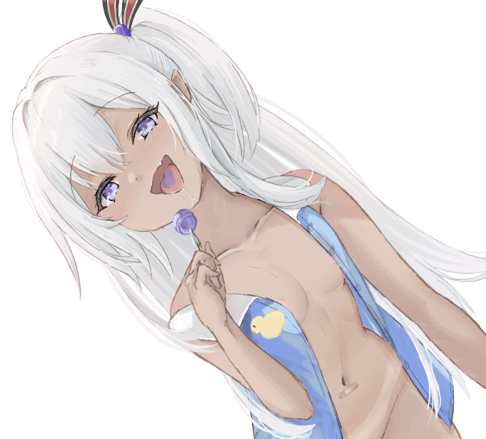 1girl azur_lane bandaid_on_stomach bare_shoulders blue_vest blush bottomless breasts candy dark-skinned_female dark_skin food groin hair_between_eyes hair_ribbon hand_up holding holding_candy holding_food holding_lollipop leaning_forward lollipop long_hair looking_at_viewer looking_up mumei_shumi naughty_face navel no_bra no_panties no_pants open_clothes open_vest out-of-frame_censoring purple_eyes ribbon side_ponytail small_breasts smug solo striped_ribbon tan tanline u-31_(azur_lane) u-31_(let&#039;s_go_home)_(azur_lane) very_long_hair vest white_hair