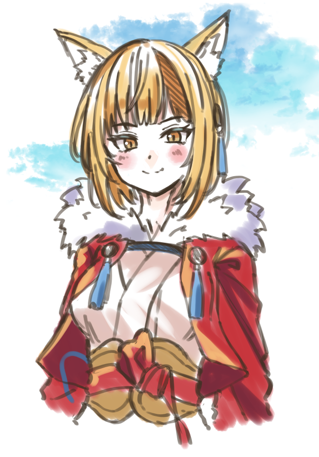 1girl animal_ears blonde_hair brown_hair closed_mouth fire_emblem fire_emblem_fates fox_ears fox_girl fur-trimmed_kimono fur_trim fuussu_(21-kazin) japanese_clothes kimono multicolored_hair nintendo selkie_(fire_emblem) smile solo streaked_hair two-tone_hair yellow_eyes