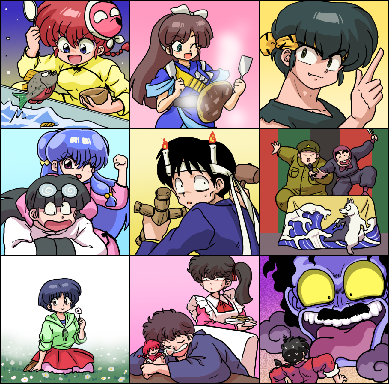 blue_eyes braid brother_and_sister fish genderswap genderswap_(mtf) gosunkugi_hikaru hibiki_ryouga highres jusenkyou_guide kunou_kodachi kunou_tatewaki kuonji_ukyou mousse_(ranma_1/2) multiple_boys multiple_girls ranma-chan ranma_1/2 red_hair saotome_ranma sarugakure_sasuke shampoo_(ranma_1/2) shirokuro siblings single_braid tendou_akane tendou_souun wanta_(futoshi)