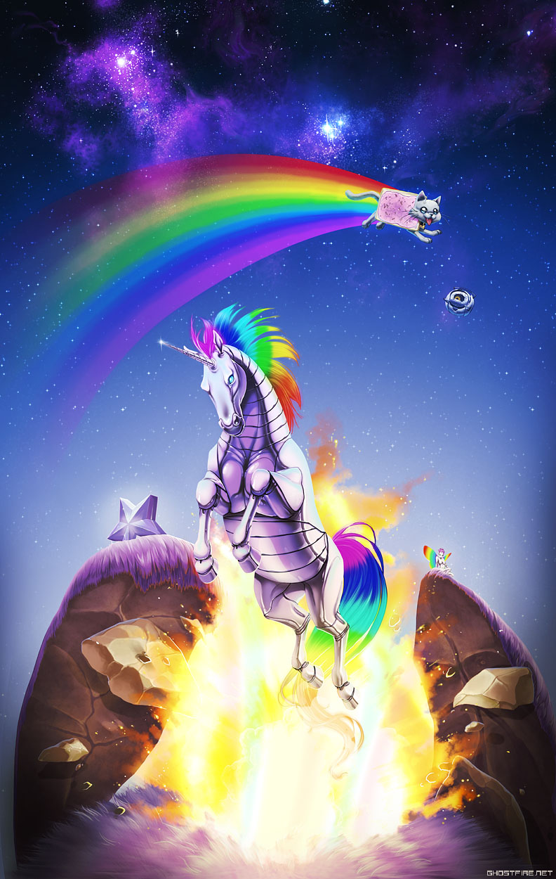 cat commentary_request crossover explosion fairy highres julia_lichty multicolored_hair multicolored_wings no_humans non-humanoid_robot nyan_cat orange_eyes portal portal_(series) portal_1 portal_2 rainbow rainbow_hair rainbow_wings robot robot_animal robot_unicorn_attack space space_core tail unicorn watermark web_address wings