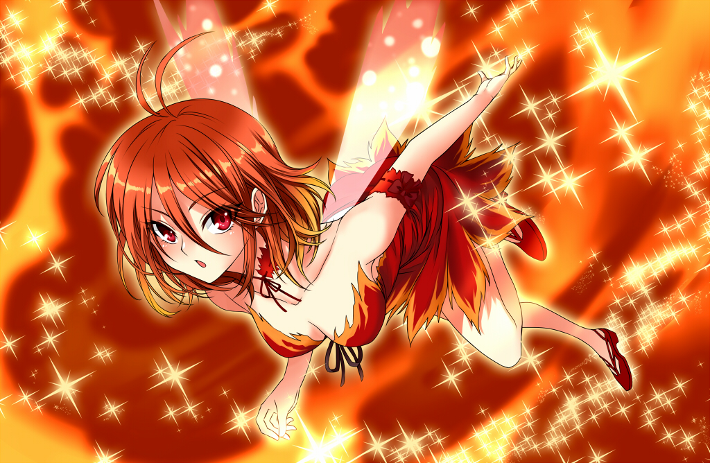 1girl amagi_brilliant_park bare_shoulders blush breasts cleavage collarbone dress fairy fairy_wings female_focus full_body kaikai looking_at_viewer medium_breasts open_mouth orange_hair red_dress red_eyes salama_(amaburi) shiny_skin short_hair simple_background solo sparkle_background wings