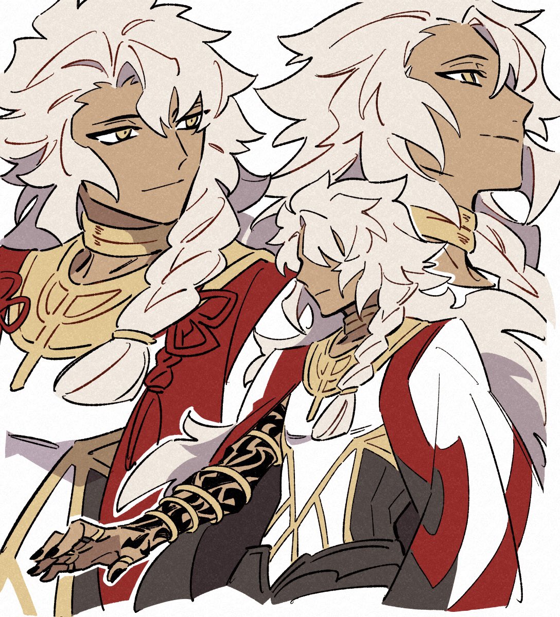 1boy arm_tattoo bracelet braid closed_mouth dark-skinned_male dark_skin fate/grand_order fate_(series) flower_knot hair_between_eyes hair_over_shoulder hand_tattoo highres jewelry kuhu1212 long_hair looking_ahead looking_up male_focus multiple_rings multiple_views neck_ring outline ring side_braid simple_background single_braid smile solomon_(fate) tattoo thumb_ring upper_body very_long_hair white_background white_hair white_outline