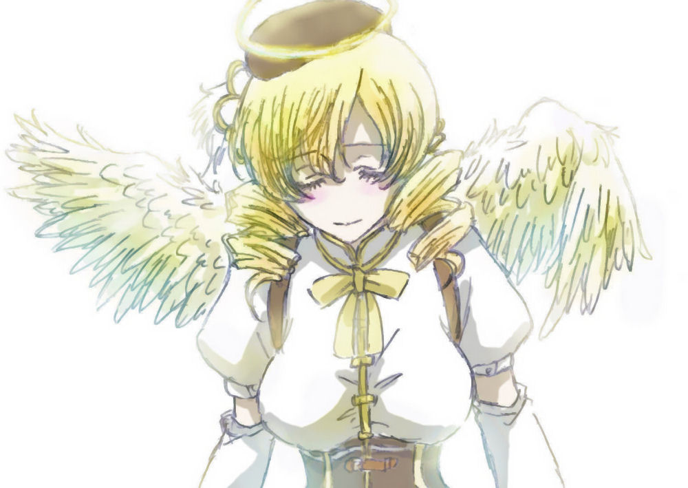 10s 1girl beret blonde_hair closed_eyes corset detached_sleeves drill_hair feathered_wings female_focus hair_ornament hairpin halo hat jun_(j_u_n0) magical_girl mahou_shoujo_madoka_magica mahou_shoujo_madoka_magica_(anime) portrait puffy_sleeves simple_background solo tomoe_mami tomoe_mami_(magical_girl) twin_drills twintails upper_body white_background wings