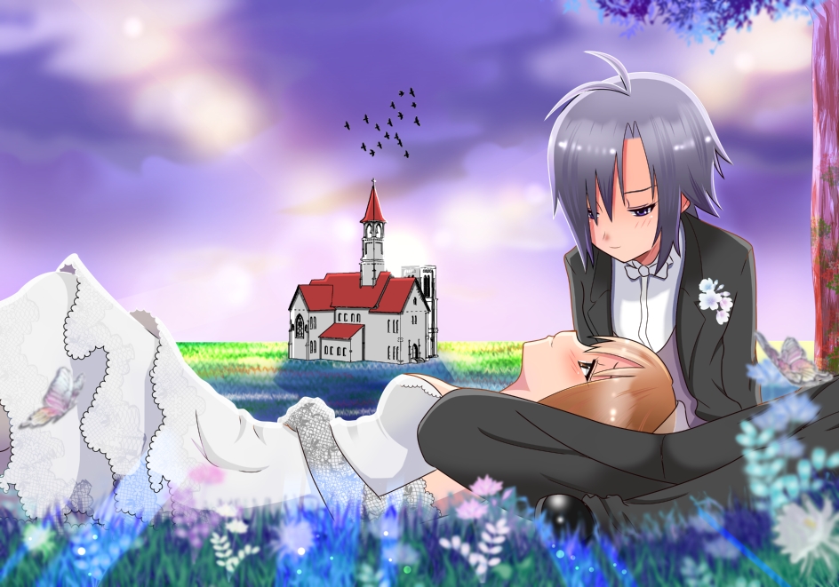 2girls antenna_hair black_hair blush brown_eyes brown_hair bug butterfly church dress formal_clothes hagiwara_yukiho idolmaster idolmaster_(classic) insect kikuchi_makoto lap_pillow multiple_girls p9 p9_(susisasimi) short_hair smile suit tree wedding_dress wife_and_wife yuri