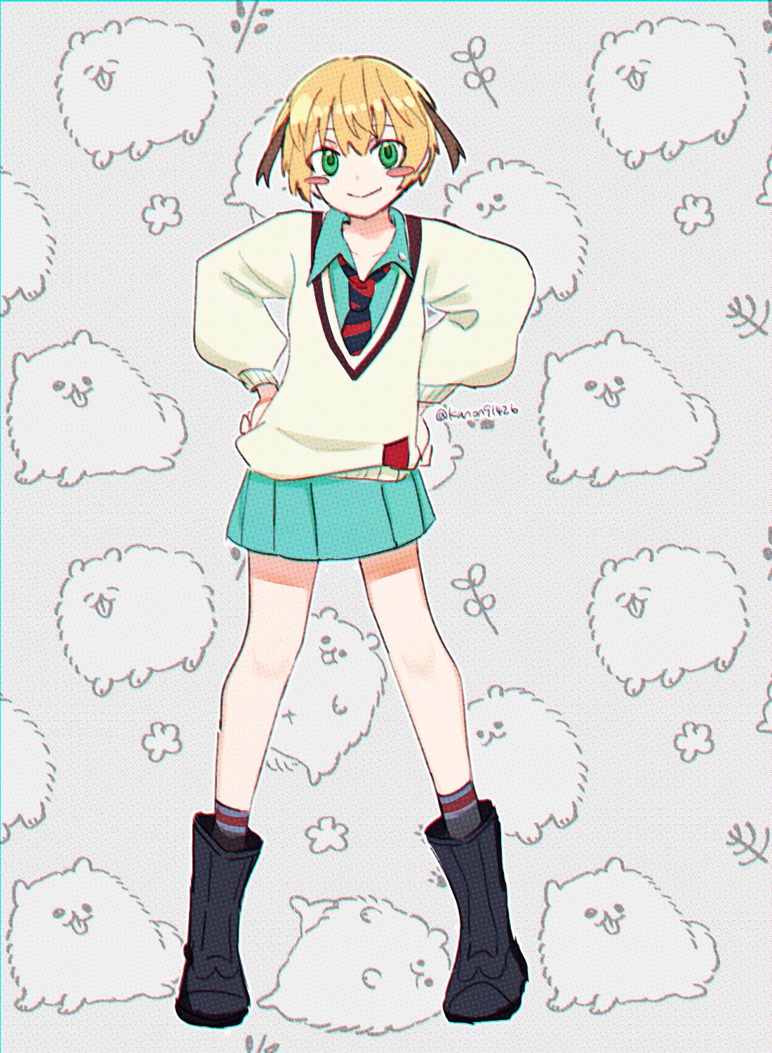 1girl amate_yuzuriha amate_yuzuriha_(cosplay) blonde_hair blush blush_stickers boots brown_hair collared_shirt cosplay dog fate/grand_order fate_(series) feng_cheng_(kanon91426) full_body gareth_(fate) green_eyes grey_background hair_between_eyes hair_flaps hands_on_own_hips highres legs_apart looking_at_viewer multicolored_hair necktie pomeranian_(dog) school_uniform shirt short_hair skirt smile solo standing streaked_hair sweater