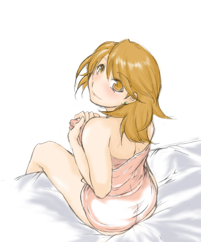 1girl arushain ass atlus bed bed_sheet blush brown_eyes brown_hair female_focus from_behind keshin naked_towel persona persona_3 solo takeba_yukari towel