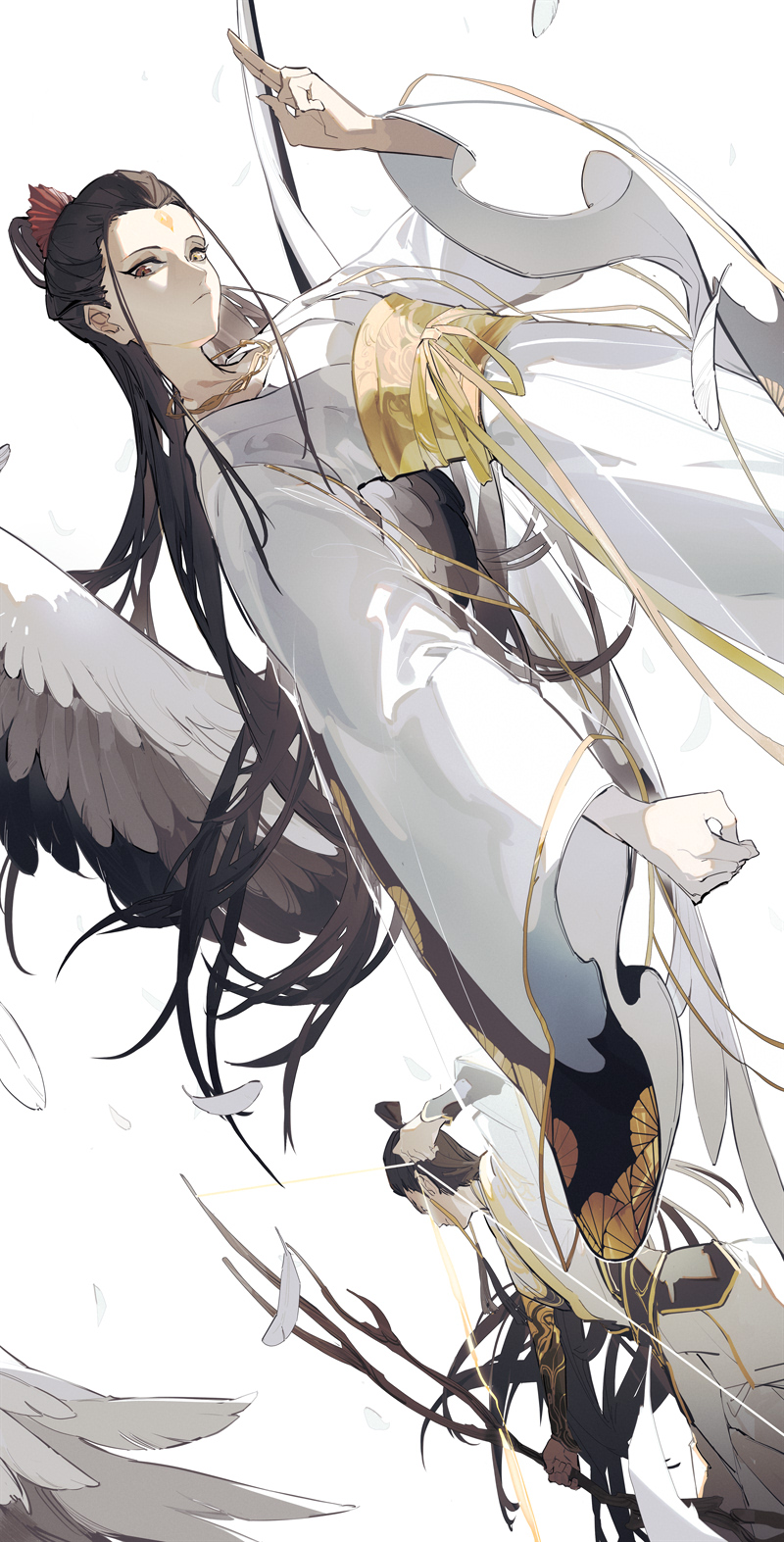 1boy 1girl bird_wings black_hair black_sash bow_(weapon) brown_eyes chinese_clothes chinese_commentary closed_mouth drawing_bow facial_mark feathers forehead_mark gold_necklace half_updo hanfu hetong_(nezha_zhi_motong_jiangshi) high_ponytail highres holding holding_bow_(weapon) holding_weapon jewelry long_sleeves looking_ahead looking_at_viewer lutong_(nezha_zhi_motong_jiangshi) necklace nezha_zhi_motong_jiangshi nine_(liuyuhao1992) ponytail sash simple_background standing topknot weapon white_background white_hanfu wide_sleeves wings wuxia yellow_sash