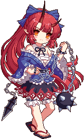 1girl ball_and_chain_(weapon) black_ribbon black_skirt bloomers blue_kimono blue_ribbon chest_sarashi collar frilled_skirt frills full_body game_cg hair_ribbon horns japanese_clothes jewelry kimono kumio lowres okobo orange_eyes original platform_sandals pointy_ears ponytail red_hair ribbon ring sandals sarashi shirt skirt solo spiked_ball_and_chain spiked_ring spiked_wristband spikes tachi-e tachisora_shio third-party_source touhou touhou_blooming_chaos touhou_mystia&#039;s_izakaya transparent_background underwear weapon white_bloomers wrist_cuffs wristband