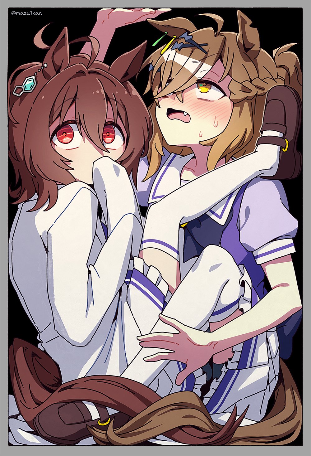 2girls agnes_tachyon_(umamusume) ahoge animal_ears between_legs bike_shorts_under_skirt black_shoes black_shorts blush bow bowtie braid brown_hair chemical_structure coat collarbone covering_own_mouth cramped earrings embarrassed fang frilled_skirt frills hair_ornament hairclip half_up_braid half_updo hand_up highres horse_ears horse_girl horse_tail in_container jewelry jungle_pocket_(umamusume) lab_coat leg_on_another&#039;s_shoulder looking_up mazu1kan medium_hair multiple_earrings multiple_girls notched_ear open_mouth pleated_skirt puffy_short_sleeves puffy_sleeves purple_bow purple_bowtie purple_shirt red_eyes sailor_collar school_uniform shirt shoes short_sleeves shorts single_earring skirt sleeves_past_fingers sleeves_past_wrists stuck_in_a_box tail tracen_school_uniform twitter_username umamusume white_coat white_sailor_collar white_skirt yellow_eyes yuri