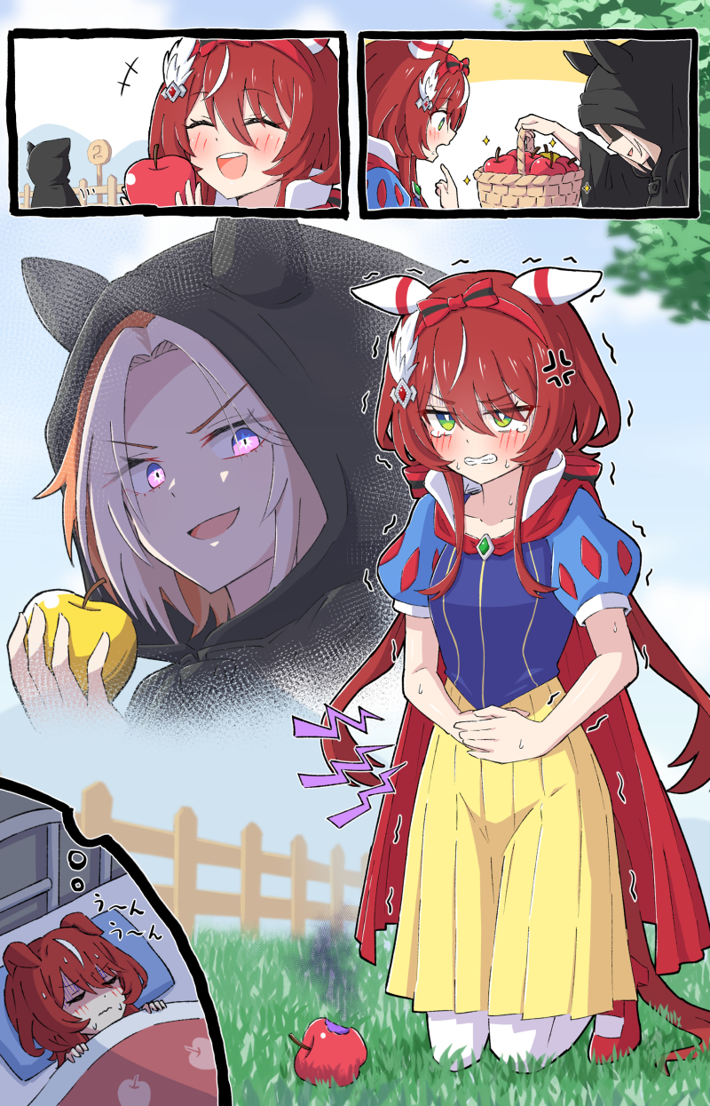 2girls anger_vein animal_ears apple basket breasts clenched_teeth closed_eyes commentary_request commission cosplay evil_grin evil_smile fence food fruit full_body grass green_eyes grin hair_between_eyes hair_ornament highres hood horse_ears horse_girl horse_tail looking_at_viewer low_twintails multiple_girls nightmare orfevre_(umamusume) red_hair skeb_commission smile snow_white snow_white_(grimm) snow_white_(grimm)_(cosplay) sweatdrop tail teeth toushirou_(sugarwhite1046) twintails umamusume upper_teeth_only win_variation_(umamusume)