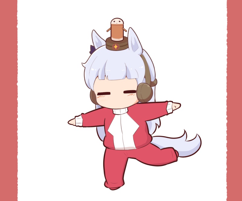 1girl animal_ears blush_stickers bow brown_hat chibi closed_eyes ear_bow ear_covers facing_viewer full_body gintama gold_ship_(umamusume) gomashio_(goma_feet) hat horse_ears horse_girl horse_tail jacket justaway long_hair long_sleeves mini_hat pants purple_bow red_background red_jacket red_pants red_shoes shoes sleeves_past_wrists solo standing standing_on_one_leg tail track_jacket track_pants track_suit two-tone_background umamusume very_long_hair white_background