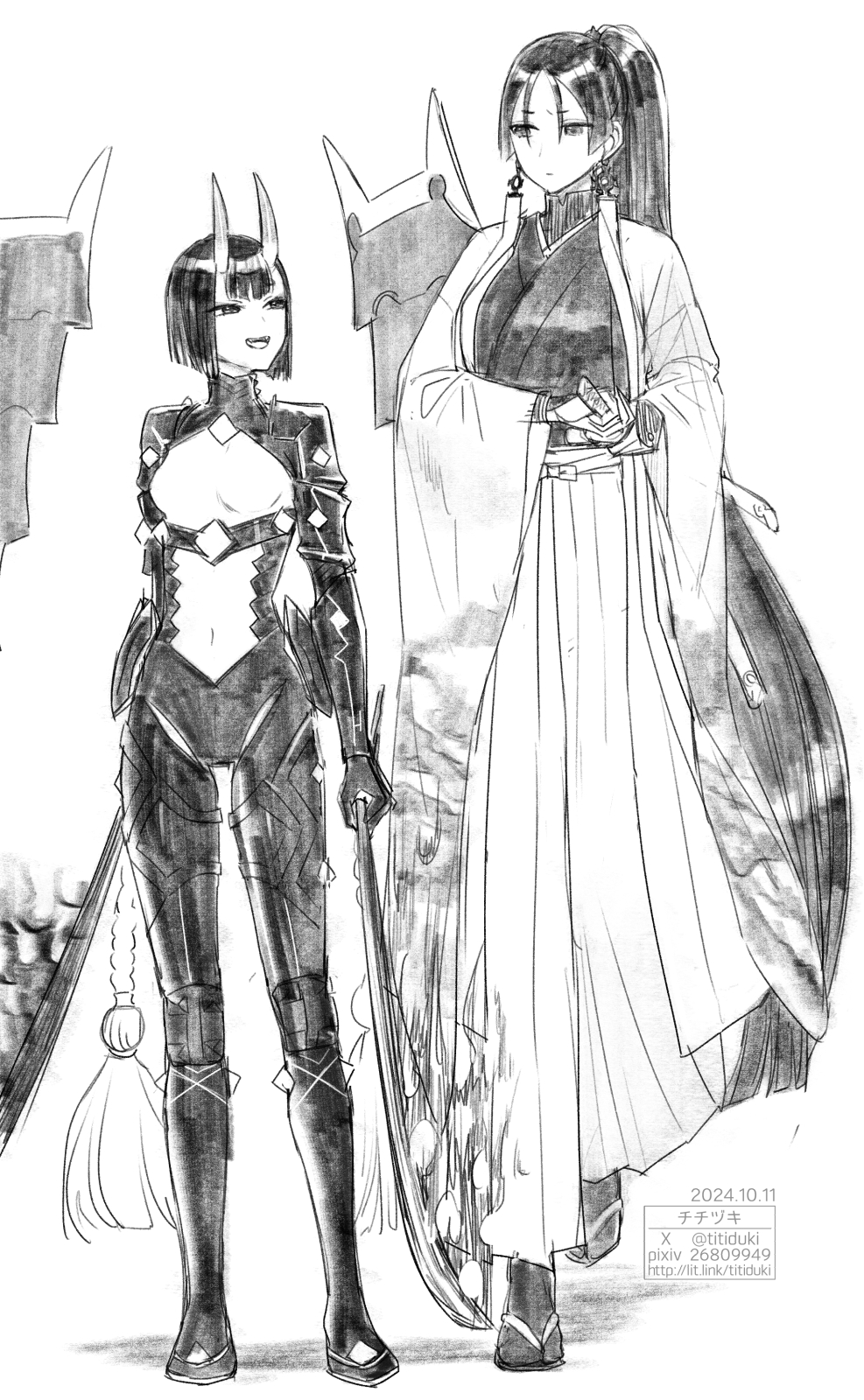 2girls artist_name breasts commentary_request cosplay dated dual_wielding earrings fate/grand_order fate/samurai_remnant fate_(series) greyscale hakama highres holding horns japanese_clothes jewelry katana large_breasts long_hair minamoto_no_raikou_(fate) monochrome multiple_girls pixiv_id ponytail sandals sheath sheathed short_hair shuten_douji_(fate) skin-covered_horns small_breasts sword titiduki_(manman-ya) twitter_username ushi_gozen_(avenger)_(fate) ushi_gozen_(fate) ushi_gozen_(fate)_(cosplay) very_long_hair watermark weapon web_address yui_shousetsu_(fate) yui_shousetsu_(fate)_(cosplay)