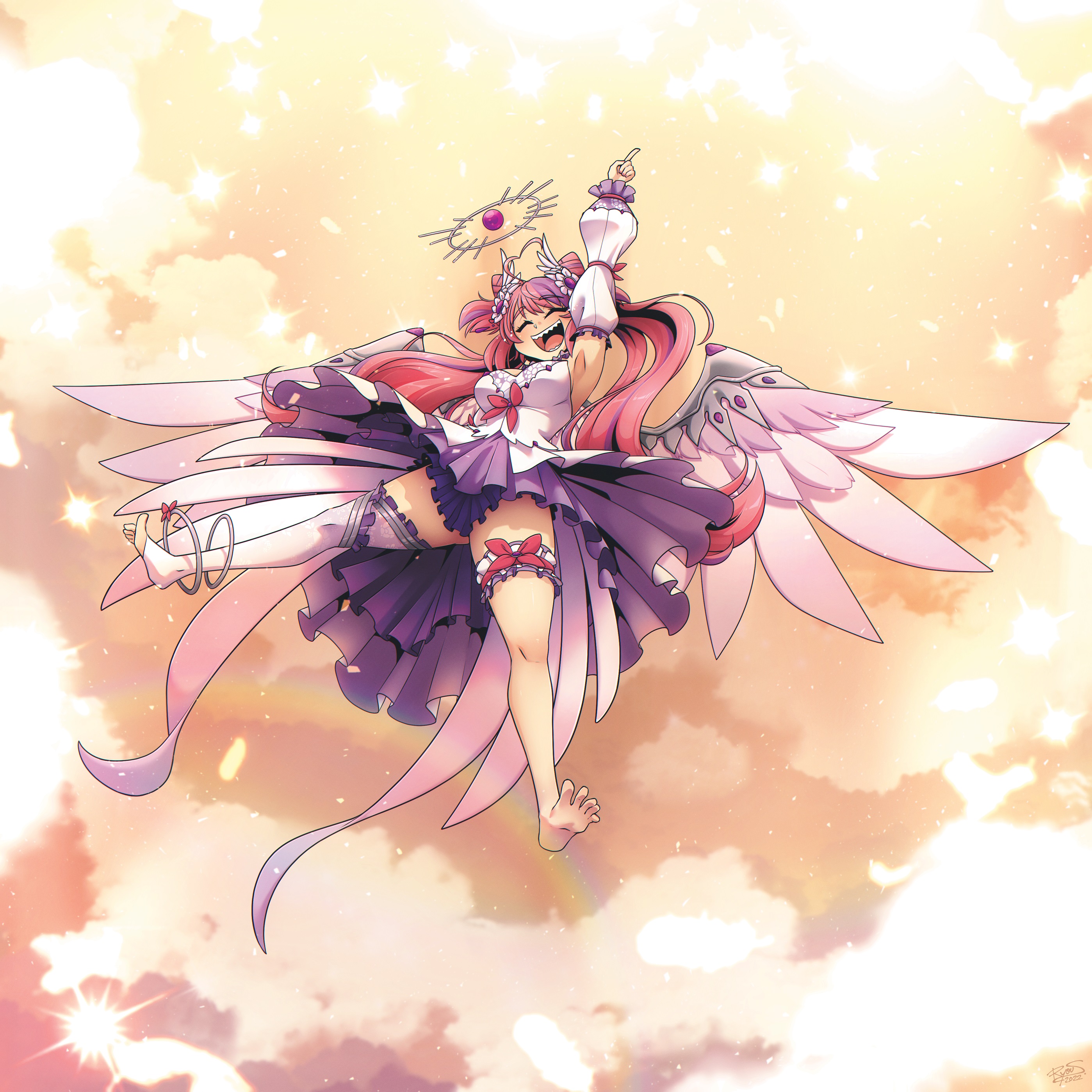 1girl absurdres barefoot blush breasts closed_eyes facing_viewer full_body high-low_skirt highres ironmouse ironmouse_(fallen_angel) large_breasts long_hair multicolored_hair open_mouth pink_hair purple_hair ryou_sakai sharp_teeth single_thighhigh smile solo spread_toes teeth thighhighs toes virtual_youtuber vshojo white_thighhighs wings