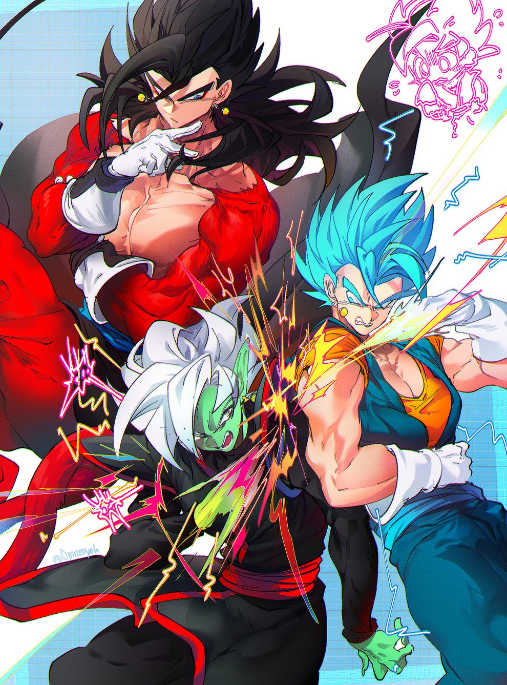 black_hair blue_eyes blue_sash closed_mouth dougi dragon_ball dragon_ball_heroes dragon_ball_super earrings fused_zamasu gloves highres jewelry long_hair male_focus monkey_boy monkey_tail multiple_boys muscular muscular_male ommmyoh open_mouth pants potara_earrings red_fur saiyan sash spiked_hair super_saiyan super_saiyan_4 super_saiyan_blue tail time_patrol_(dragon_ball) twitter_username vegetto vegetto_(xeno)