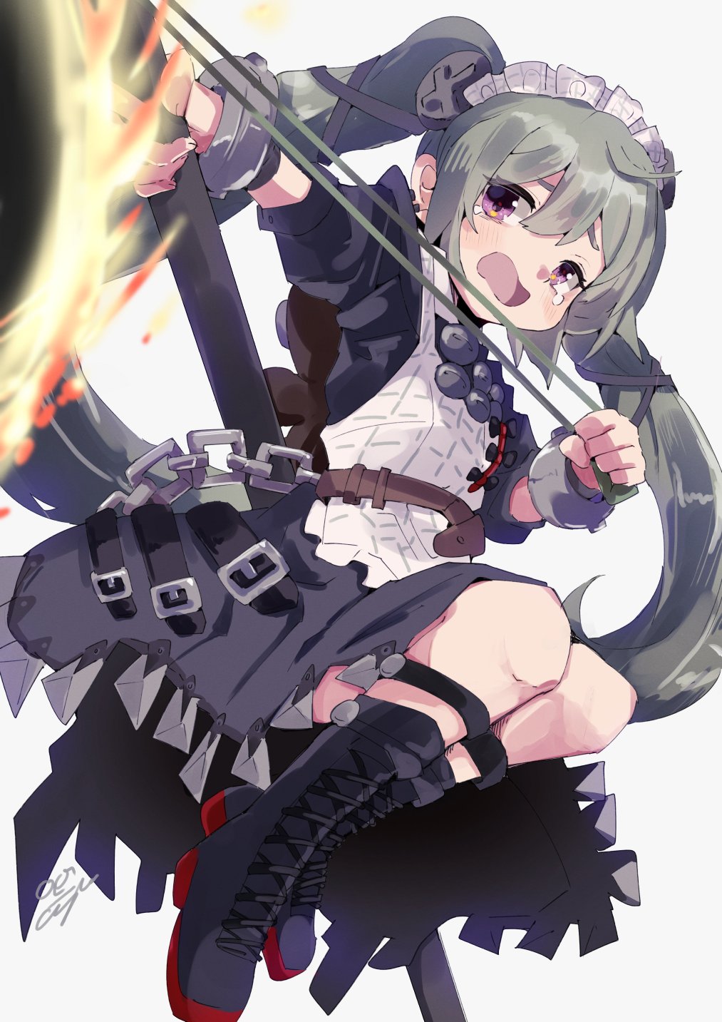 1girl animal_bag anjo_(monsterz_mate) apron bear_bag black_boots black_dress boots chain circular_saw commentary_request corin_wickes crying crying_with_eyes_open cuffs dress full_body green_hair grey_background hair_between_eyes highres knee_boots long_hair looking_at_viewer maid maid_apron maid_headdress open_mouth puffy_short_sleeves puffy_sleeves purple_eyes saw screw_hair_ornament short_sleeves signature simple_background solo tears twintails white_apron zenless_zone_zero