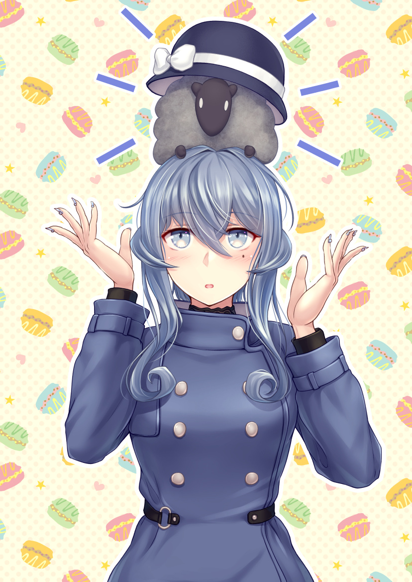 1girl arms_up black_sheep black_shirt blue_coat blue_eyes blue_hair blue_nails blush bow breasts buttons coat collared_coat commentary_request cuffs curly_hair double-breasted gotland_(kancolle) hat hat_bow kantai_collection long_hair looking_up medium_breasts military military_uniform mole mole_under_eye nail_art nail_polish on_head patterned_background ryu-akt sheep shirt