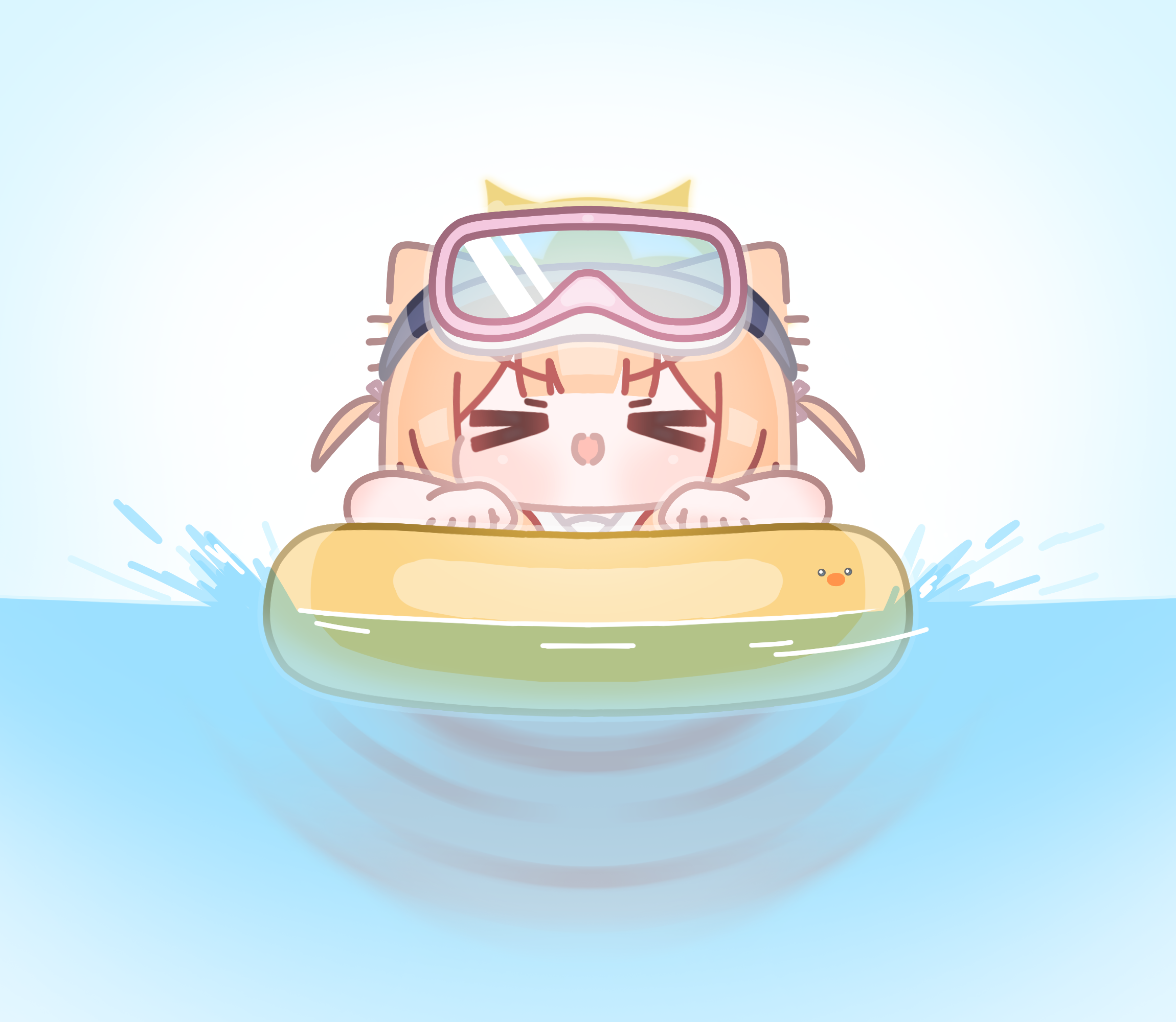 &gt;_&lt; 1girl animal_ears blue_archive blunt_bangs blush bow chibi diving_mask duck_print goggles hair_bow halo highres horuhara mari_(blue_archive) motion_blur no_nose open_mouth orange_hair smile solo swimming two_side_up v-shaped_eyebrows water yellow_halo yellow_innertube