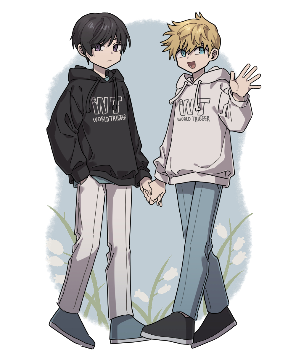 2boys :d bad_id bad_twitter_id black_footwear black_hair black_hoodie blonde_hair blue_background blue_footwear blue_pants blue_shirt casual clothes_writing copyright_name flower full_body grey_hoodie grey_pants hand_in_pocket hand_up highres holding_hands hood hood_down hoodie inukai_sumiharu long_sleeves looking_at_viewer male_focus matching_outfits multiple_boys nana_0253 open_mouth pants purple_eyes shirt shoes short_hair smile tsuji_shinnosuke tulip undershirt walking waving world_trigger