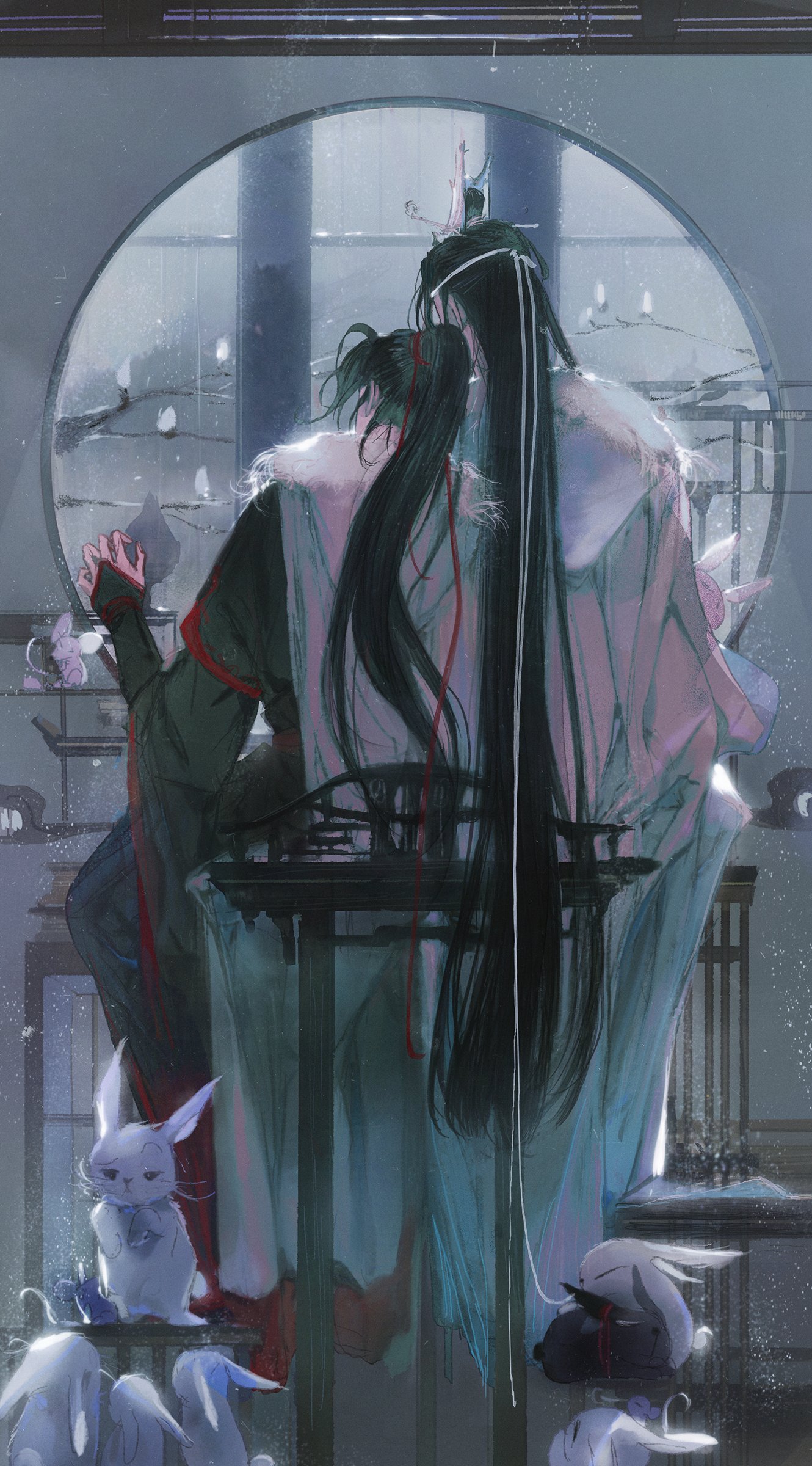 2boys absurdres animal back black_hair black_hanfu branch cape chair chinese_clothes didbub1 facing_away flower from_behind full_body fur-trimmed_cape fur_trim hair_ribbon hand_up hanfu headband high_ponytail highres holding holding_animal indoors korean_commentary lan_wangji lattice leaning_on_person long_hair long_sleeves male_focus modao_zushi multiple_boys on_chair ponytail rabbit red_ribbon ribbon robe sitting snow snowing table topknot very_long_hair wei_wuxian white_hanfu white_headband wide_sleeves window winter_clothes xiao_guan_(headdress) yaoi