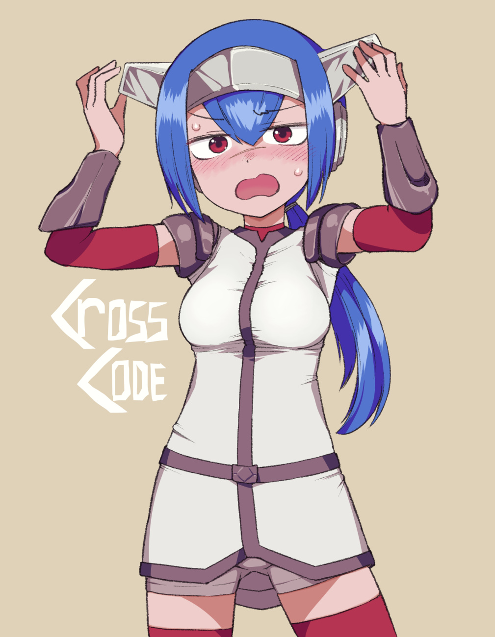 1girl :o arm_warmers armor arms_up blue_hair blush breasts copyright_name cowboy_shot crosscode detached_sleeves embarrassed flustered hair_between_eyes headgear highres holding holding_headgear jacket kikai_(akita_morgue) lea_(crosscode) long_hair looking_at_viewer medium_breasts nervous_sweating open_mouth ponytail red_eyes red_thighhighs scar scar_on_face shoulder_armor sidelocks simple_background solo sweat thighhighs yellow_background zettai_ryouiki