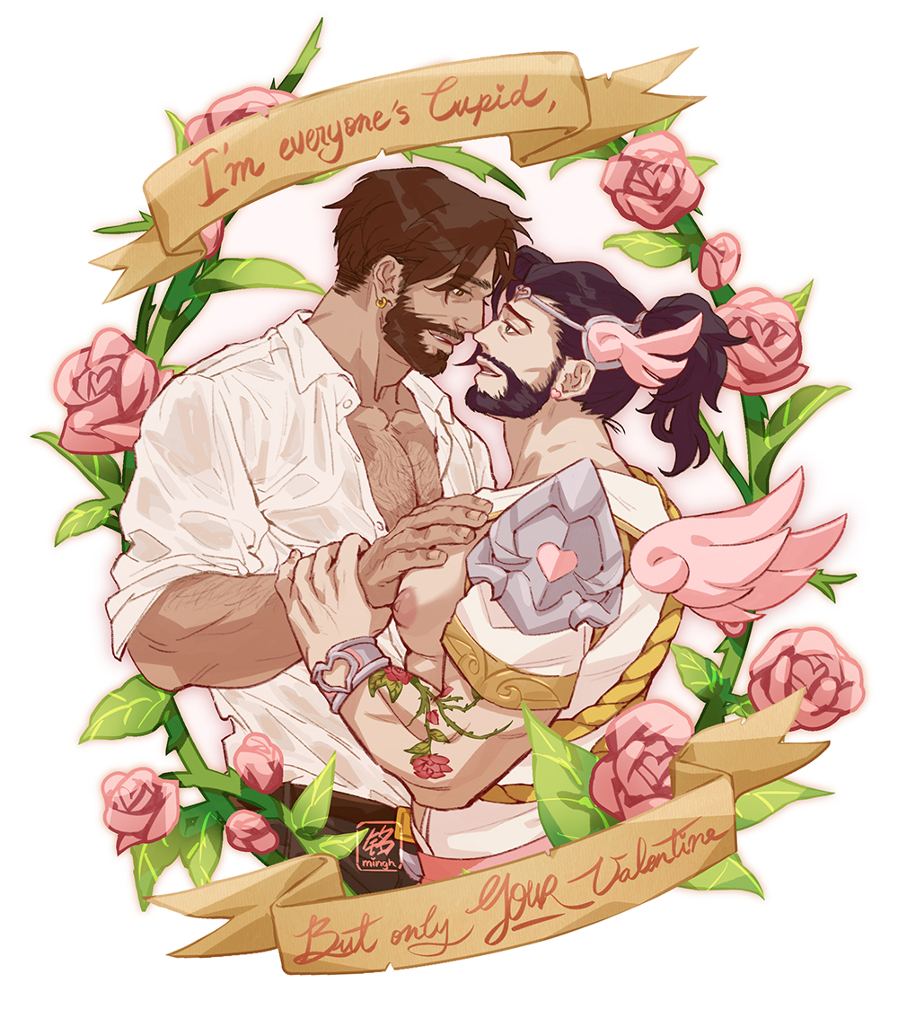 2boys ancient_greek_clothes bara bare_pectorals beard black_hair cassidy_(overwatch) chest_hair collared_shirt couple cropped_legs cupid cupid_hanzo dark-skinned_male dark_skin earrings eye_contact facial_hair floral_background flower_tattoo from_side greco-roman_clothes hand_on_another&#039;s_chest hanzo_(overwatch) heart heart_earrings high_ponytail interracial jewelry large_pectorals looking_at_another magical_boy male_focus mature_male minghii multiple_boys muscular muscular_male nipples official_alternate_costume overwatch overwatch_2 partially_unbuttoned pectoral_cleavage pectorals pink_wings ponytail puffy_nipples shirt short_hair smile tattoo tiara valentine wings yaoi
