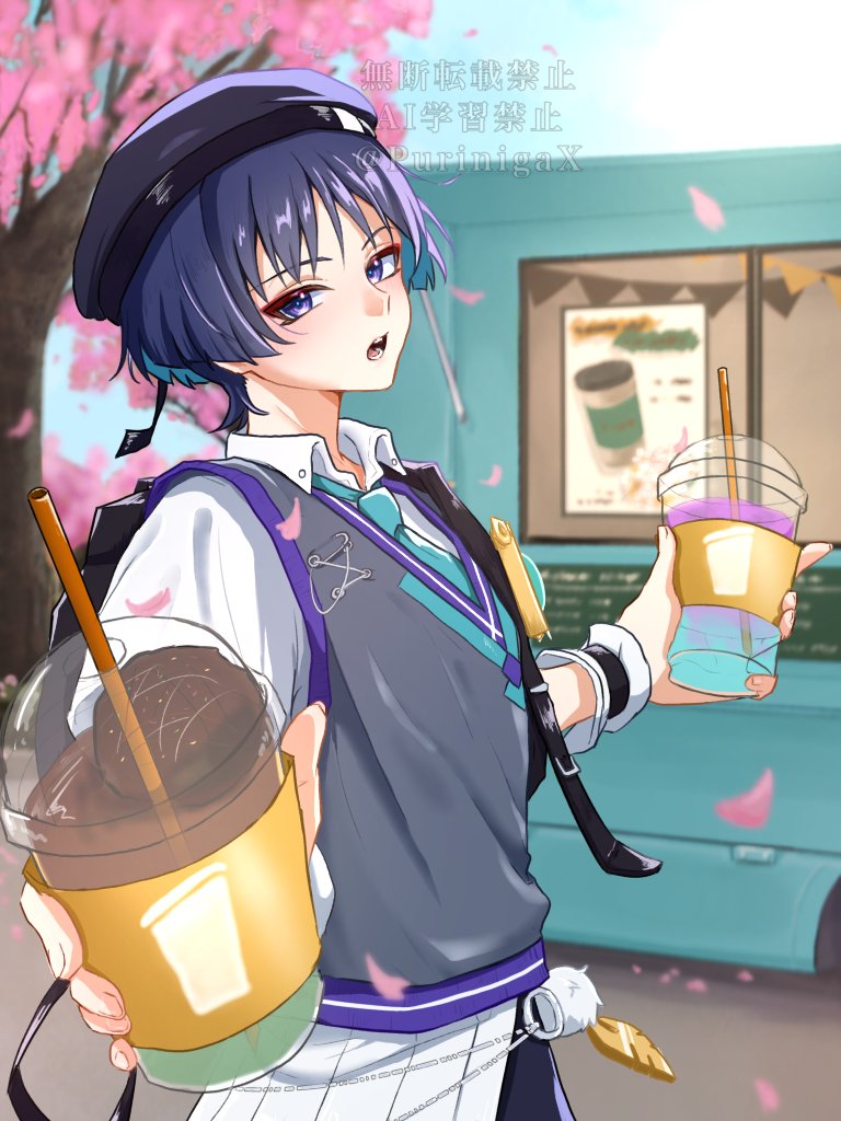 1boy alternate_costume aqua_necktie aqua_trim backpack bag beret black_bag black_hat blue_pupils blunt_ends bunting cherry_blossoms coffee collared_shirt cup disposable_cup drinking_straw eyeliner eyeshadow falling_petals feathers fingernails genshin_impact grey_sweater_vest hat holding holding_cup iced_coffee incoming_food looking_at_viewer makeup male_focus menu_board necktie official_alternate_costume open_mouth outdoors petals pink_petals pom_pom_(clothes) purinigax purple_eyes purple_trim red_eyeliner red_eyeshadow scaramouche_(genshin_impact) shirt short_sleeves solo sweater_vest teeth three_quarter_view tongue twitter_username wanderer_(genshin_impact) wanderer_(mega_mgc_coffee)_(genshin_impact) watermark white_shirt yellow_feathers