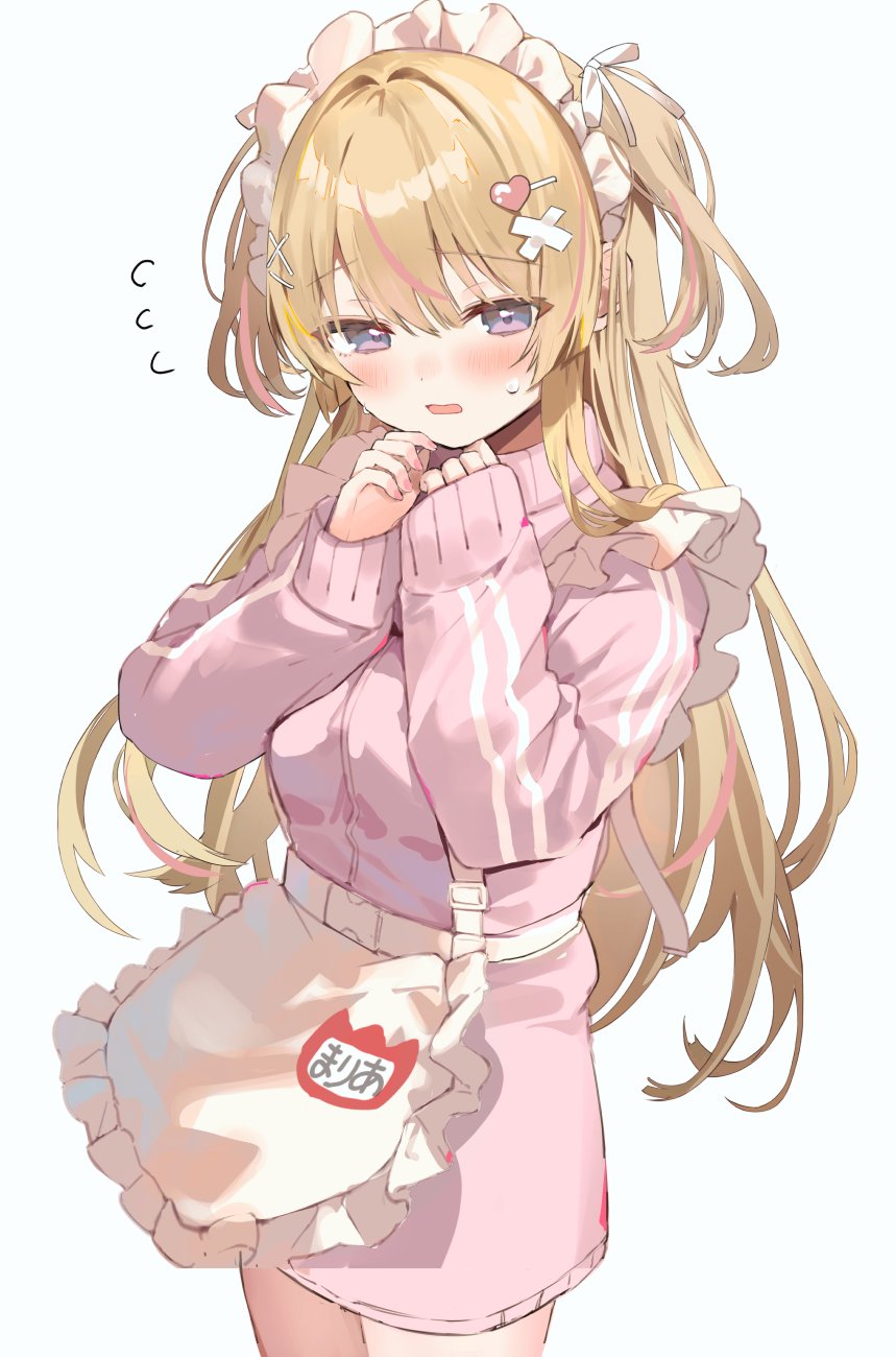 1girl apron bandaid bandaid_hair_ornament blonde_hair blush breasts cowboy_shot embarrassed flying_sweatdrops frilled_apron frills hair_ornament hairclip hands_up heart heart_hair_ornament highres jacket jersey_maid kanda_done long_hair long_sleeves looking_at_viewer maid maid_apron maid_headdress multicolored_hair name_tag open_mouth original own_hands_together pink_hair pink_jacket pink_nails purple_eyes simple_background sleeves_past_wrists solo standing streaked_hair sweatdrop track_jacket two_side_up unconventional_maid very_long_hair waist_apron white_apron white_background