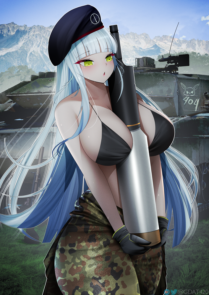 120x570mm_nato 120x570mm_nato_m325_heat-mp-t 1girl :o ammunition anti-materiel_cartridge armor-piercing_ammunition armor-piercing_discarding_sabot armor-piercing_fin-stabilized_discarding_sabot assault_rifle bare_shoulders beret between_breasts bikini bikini_top_only blunt_bangs blunt_ends breasts browning_m2 camouflage camouflage_pants chestnut_mouth cleavage collarbone cowboy_shot eyeshadow gdat girls&#039;_frontline gloves green_eyes grey_hair gun h&amp;k_hk416 hat heavy_machine_gun high-explosive high-explosive_anti-tank_(warhead) high-explosive_cartridge high-explosive_dual-purpose_cartridge hk416_(girls&#039;_frontline) large_breasts leopard light_blush long_hair looking_at_object machine_gun makeup military_vehicle motor_vehicle mountain open_mouth pants rifle sexually_suggestive shell_(projectile) sidelocks swimsuit tank tank_shell tracer_ammunition weapon