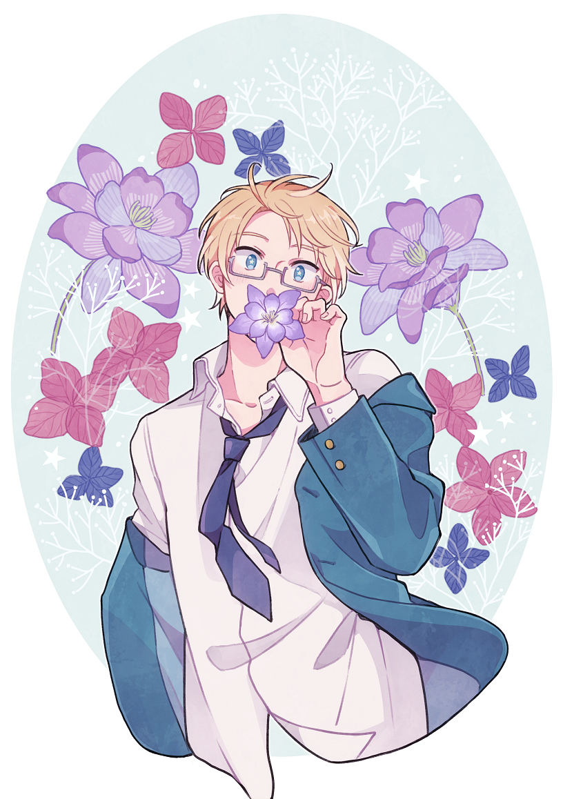 1boy america_(hetalia) axis_powers_hetalia blonde_hair blue_background blue_eyes blue_jacket border branch buttons clothes_down collared_shirt commentary_request covering_own_mouth fingernails floral_print flower glasses grey-framed_eyewear hand_up holding holding_flower jacket long_sleeves looking_at_viewer male_focus nbsr necktie open_clothes open_jacket outside_border pink_flower purple_flower purple_necktie semi-rimless_eyewear shirt short_hair solo star-shaped_pupils star_(symbol) symbol-shaped_pupils upper_body white_border white_shirt
