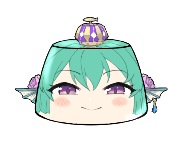 1girl blush closed_mouth crown earrings finana_ryugu fins fish_girl flower food foodification hair_flower hair_ornament head_fins jewelry looking_at_viewer nijisanji nijisanji_en psycho_orb pudding purple_eyes simple_background smile solo transparent_background virtual_youtuber