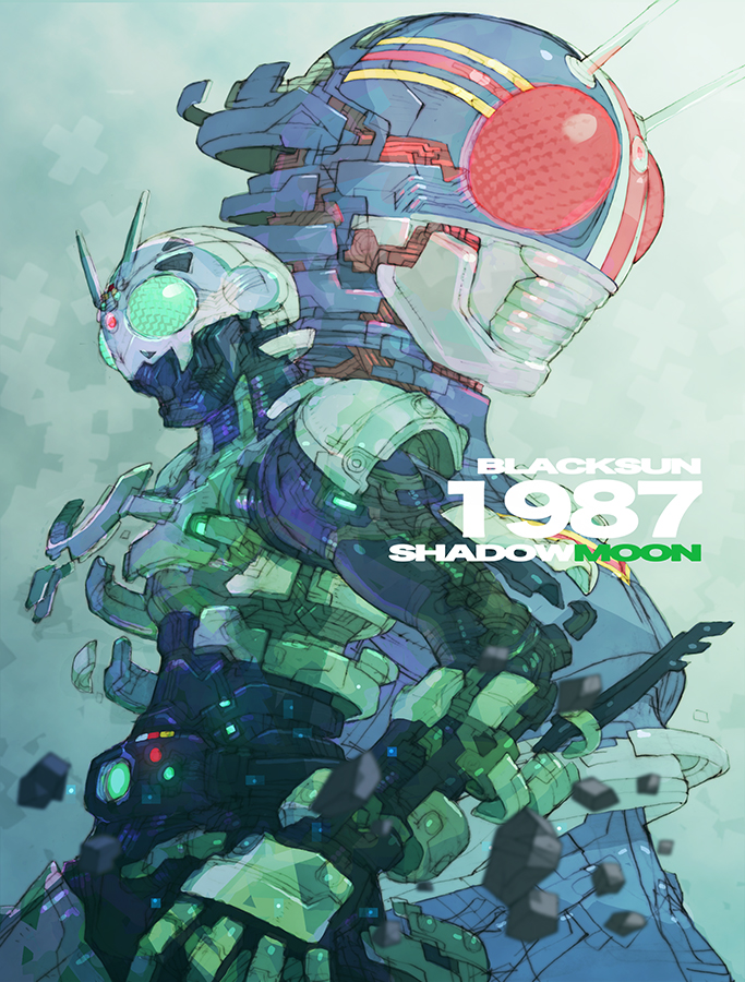 1987 2boys anniversary armor assembling black_armor bug character_name commentary_request compound_eyes fighting_stance green_eyes kamen_rider kamen_rider_black kamen_rider_black_(series) kingstone multiple_boys nakayama_tooru profile red_eyes shadow_moon shouwa white_armor