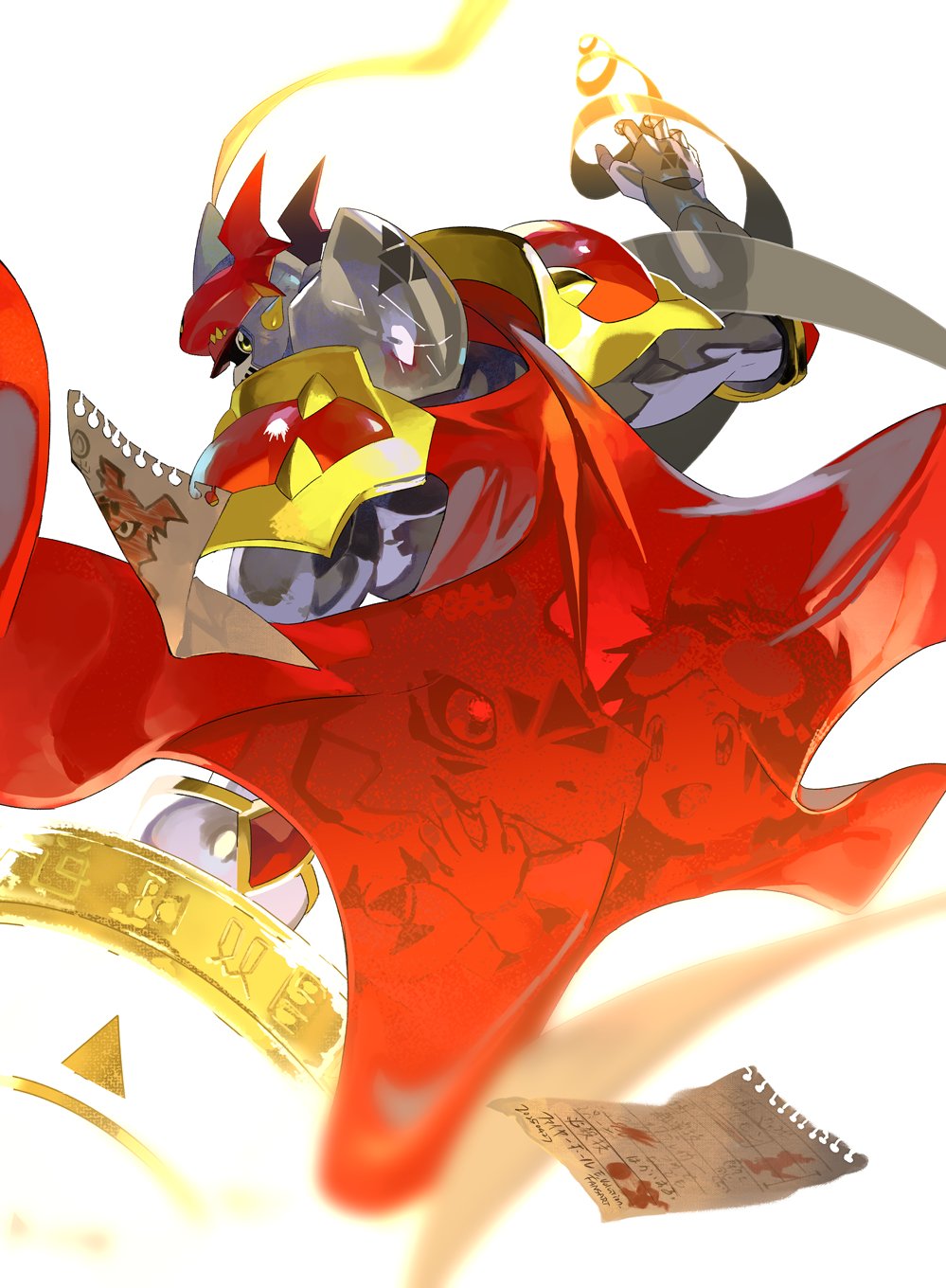 armor cape cowboy_shot digimon digimon_(creature) digimon_tamers dukemon e_volution from_behind guilmon helmet highres holding holding_shield knight looking_at_viewer looking_back matsuda_takato red_cape shield simple_background solo_focus white_armor white_background white_helmet yellow_eyes