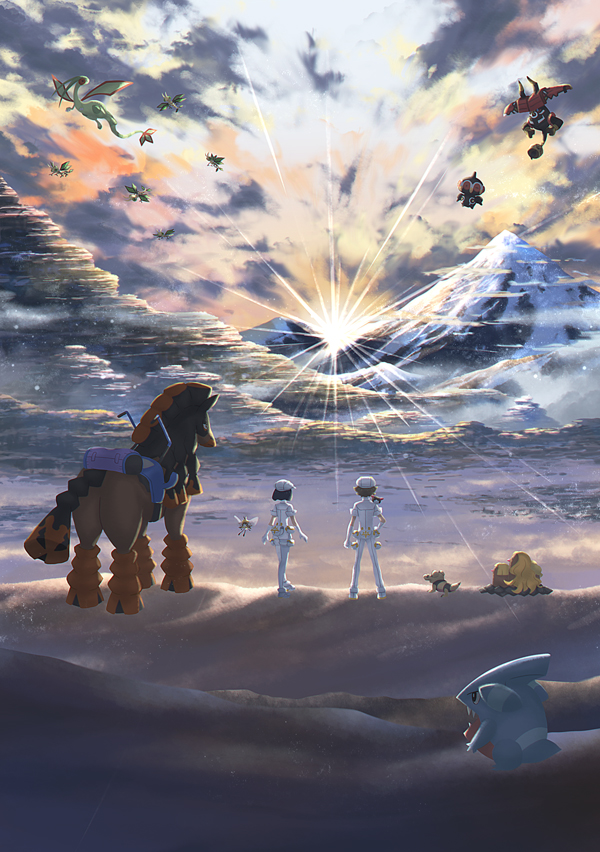 1boy 1girl aether_foundation_employee aether_foundation_employee_(female) aether_foundation_employee_(male) alolan_dugtrio alolan_form black_hair brown_hair claydol cloud commentary_request flygon flying forgotten_artist gen_3_pokemon gen_4_pokemon gen_5_pokemon gen_7_pokemon gible gloves hand_on_own_hip hat jumpsuit legendary_pokemon mountain mudsdale nintendo outdoors pokemon pokemon_(creature) pokemon_sm ribombee sandile shoes short_hair sleeves_rolled_up sun tapu_bulu vibrava white_footwear white_gloves white_headwear white_jumpsuit