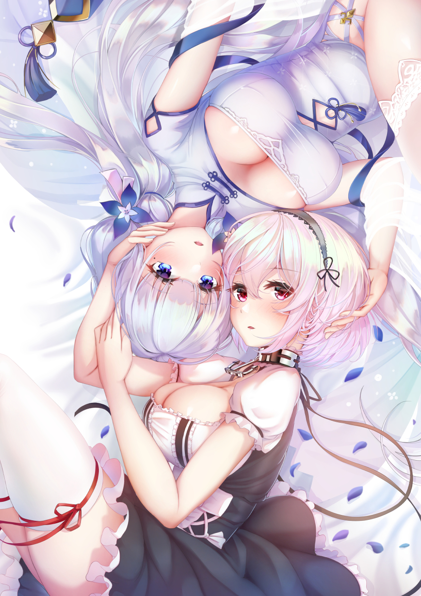 2girls azur_lane black_dress blue_eyes breasts bursting_breasts china_dress chinese_clothes cleavage cleavage_cutout clothing_cutout collar dress framed_breasts hair_between_eyes highres illustrious_(azur_lane) illustrious_(maiden_lily&#039;s_radiance)_(azur_lane) imo_bouya large_breasts long_hair looking_at_viewer lying metal_collar multiple_girls official_alternate_costume on_back puffy_short_sleeves puffy_sleeves red_eyes short_hair short_sleeves sirius_(azur_lane) thighhighs white_dress white_hair white_thighhighs zettai_ryouiki