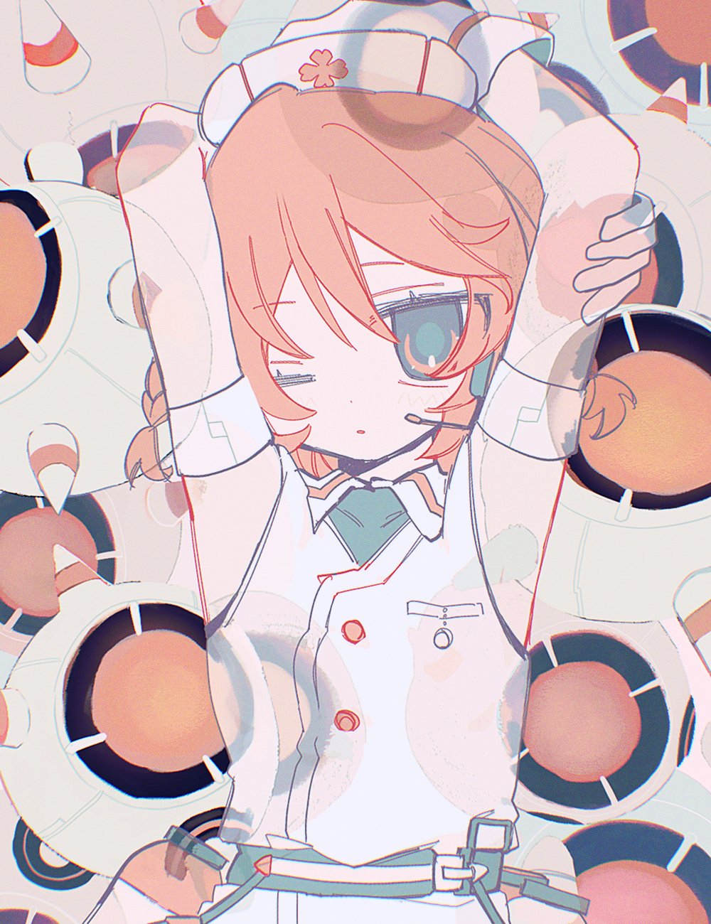 1girl arm_strap armpits arms_behind_head arms_up belt black_belt braid buttons canister collared_shirt gloves hat headset highres holding_own_arm jacket kajuu_(maimai_maimaa) looking_at_viewer non-humanoid_robot nurse_cap nurse_robot_type_t one_eye_closed orange_eyes orange_hair parted_lips robot see-through_body shirt short_hair side_braids sleeveless sleeveless_jacket solo upper_body utau voicevox white_gloves white_jacket