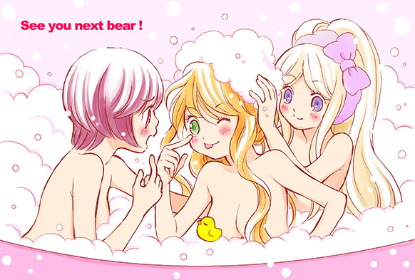 3girls bathing blonde_hair blush convenient_censoring english_text green_eyes morishima_akiko multiple_girls nude official_art one_eye_closed orange_hair polyamory polygamy purple_hair rubber_duck same-sex_bathing shared_bathing short_hair soap_bubbles teasing tongue tongue_out tsubaki_kureha washing_another washing_hair yuri yuri_kuma_arashi yurigasaki_lulu yurishiro_ginko