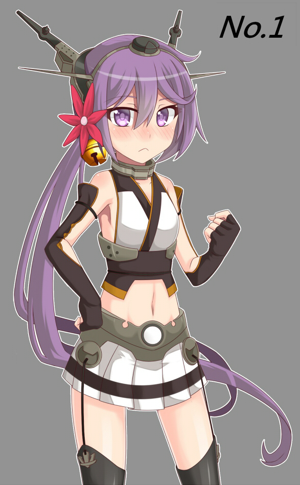 1girl :&lt; akebono_(kancolle) bell blush clenched_hand cosplay elbow_gloves female_focus fingerless_gloves flower gloves hair_bell hair_flower hair_ornament hand_on_own_hip jingle_bell kantai_collection kusosaika long_hair midriff miniskirt nagato_(kancolle) nagato_(kancolle)_(cosplay) navel purple_eyes purple_hair side_ponytail skirt sleeveless solo thighhighs very_long_hair yuki_to_hana